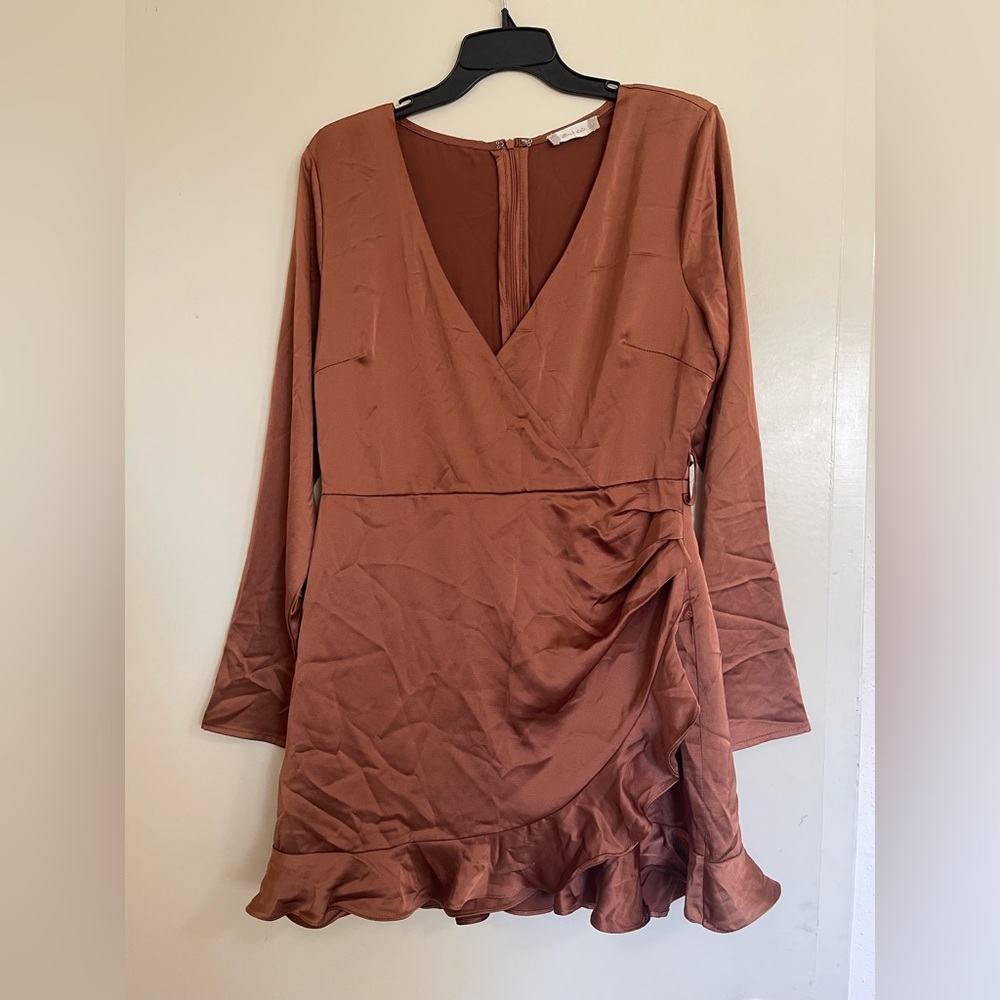 Altar’d State Soft Tunic Style Mini Dress Twist Side Long Sleeve Brown SZ Large